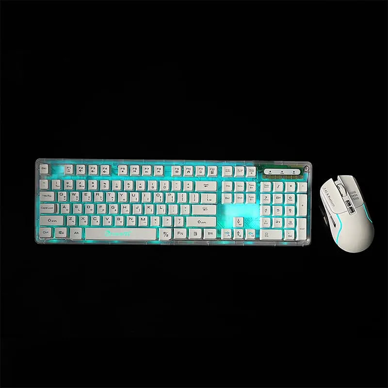 2.4G wireless & BT Gaming Keyboard Mouse Combo RGB Light Transparent Mid-plate Gaming Keyboard Mouse Set, KMSW-707T